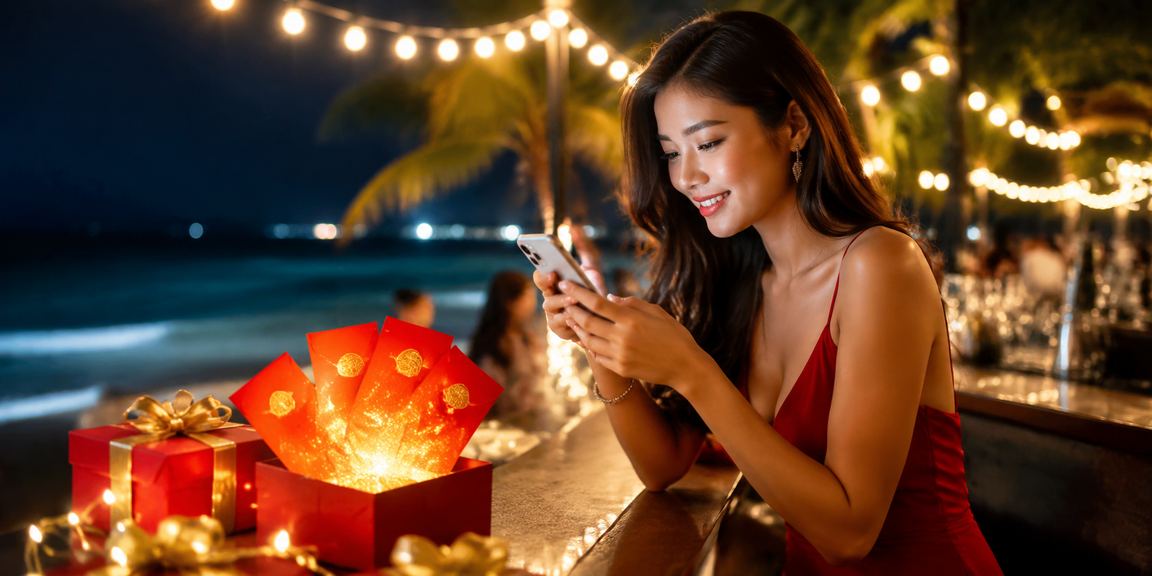 Phong bao đỏ may mắn bên bãi biển Phú Quốc biểu trưng cho văn hóa thưởng và lễ tết Việt Nam